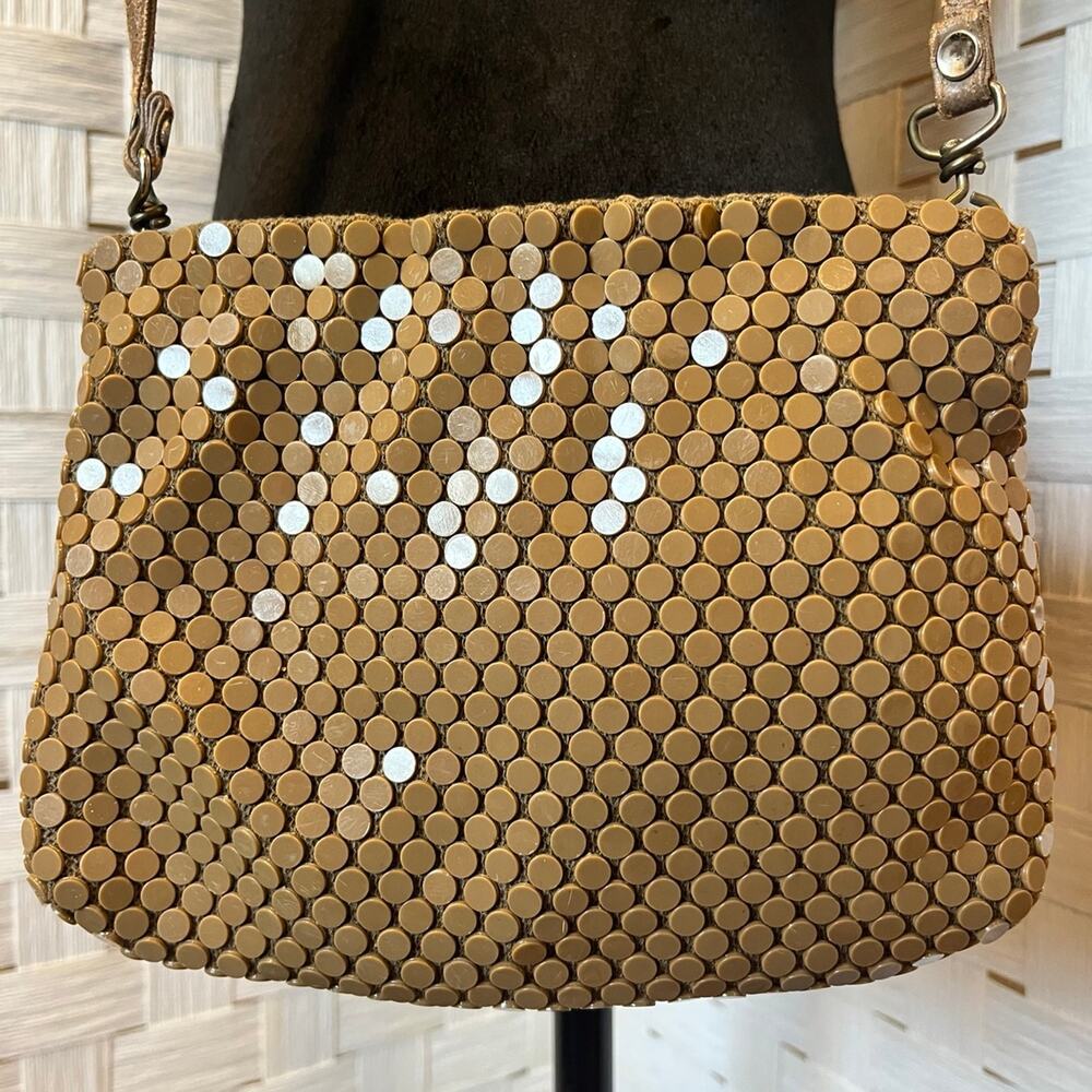 Mesh Beige Crossbody Bag 1970s style Disco Purse